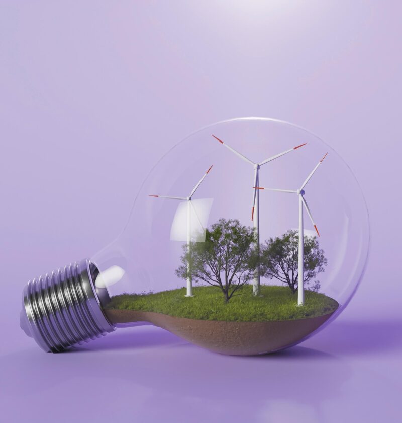 Glödlampa med vindkraftverk och träd inuti